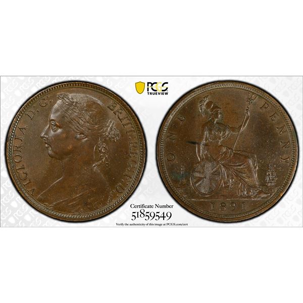 GREAT BRITAIN: Victoria, 1837-1901, AE penny, 1891, PCGS MS64 BN