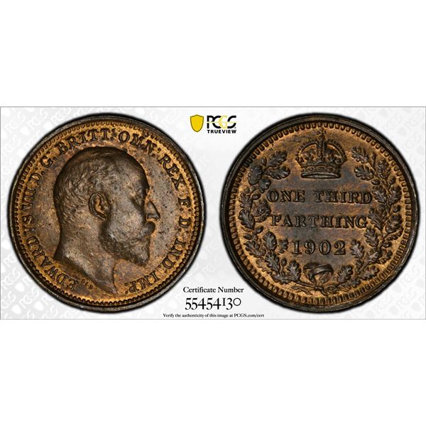 GREAT BRITAIN: Edward VII, 1901-1910, AE 1/3 farthing, 1902, PCGS MS65 RD