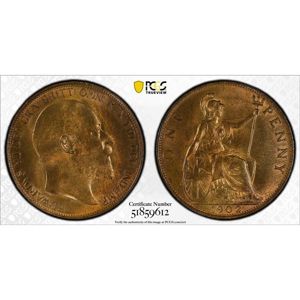 GREAT BRITAIN: Edward VII, 1902-1910, AE penny, 1902, PCGS MS64 RB