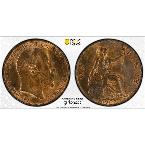 GREAT BRITAIN: Edward VII, 1901-1910, AE penny, 1903, PCGS MS64 RB