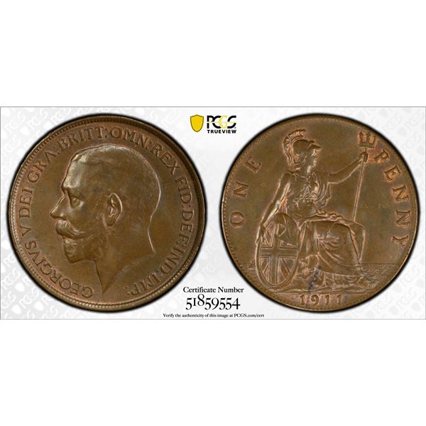GREAT BRITAIN: George V, 1911-1936, AE penny, 1911, PCGS MS63 BN