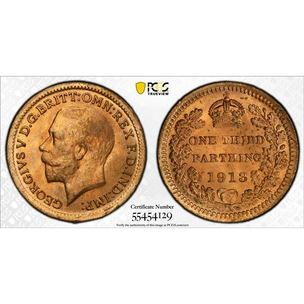 GREAT BRITAIN: George V, 1910-1936, AE 1/3 farthing, 1913, PCGS MS65 RD