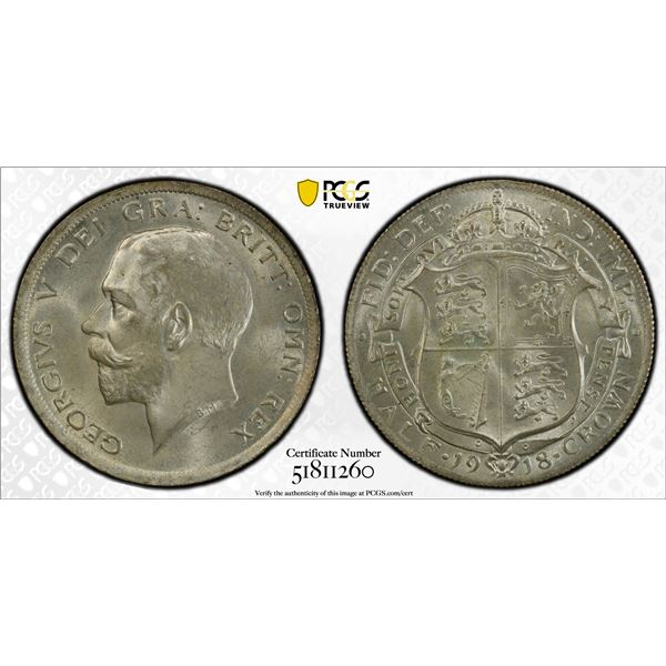 GREAT BRITAIN: George V, 1911-1936, AR 1/2 crown, 1918, PCGS MS65