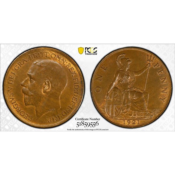 GREAT BRITAIN: George V, 1911-1936, AE penny, 1921, PCGS MS64 BN