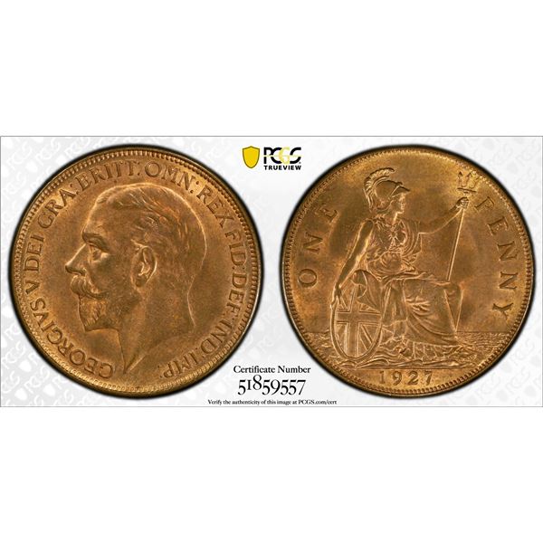 GREAT BRITAIN: George V, 1911-1936, AE penny, 1927, PCGS MS64 RB