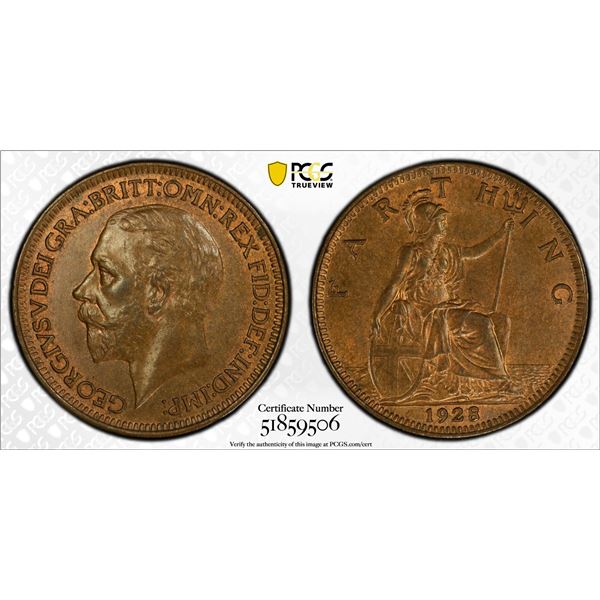 GREAT BRITAIN: George V, 1910-1936, AE farthing, 1928, PCGS MS64 BN