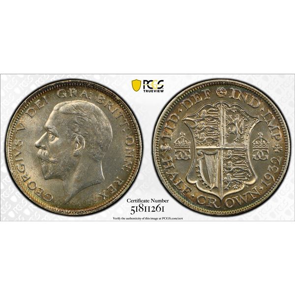 GREAT BRITAIN: George V, 1911-1936, AR 1/2 crown, 1932, PCGS MS64