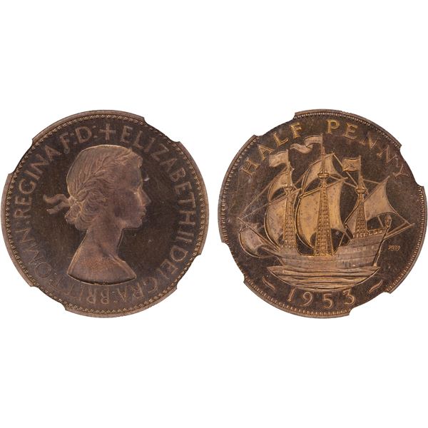 GREAT BRITAIN: Elizabeth II, 1952-2022, AE halfpenny (5.74g), 1953, NGC Proof 66 RB Cameo