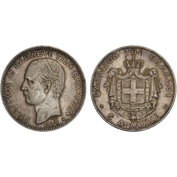 GREECE: George I, 1863-1913, AR 5 drachmai, 1875, XF-AU
