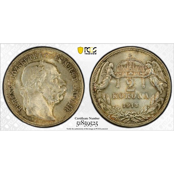 HUNGARY: Franz Joseph I, 1848-1916, AR 2 corona, 1913, PCGS MS65