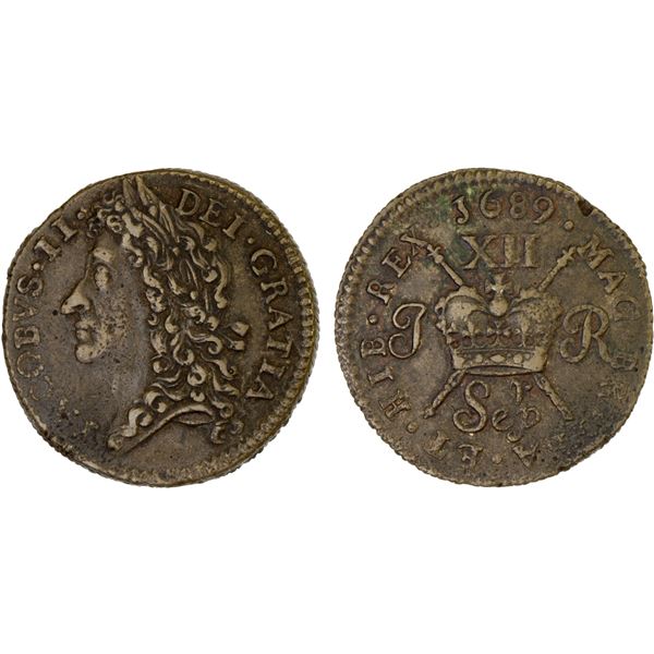 IRELAND: James II, 1685-1691, AE 12 pence (shilling), Dublin, 1689, September, XF