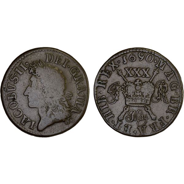 IRELAND: James II, 1685-1691, AE 30 pence (halfcrown), 1690, May, Fine
