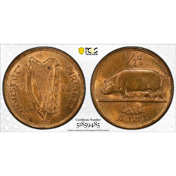 IRELAND: Irish Free State, AE 1/2 penny, 1928, PCGS MS63 RB