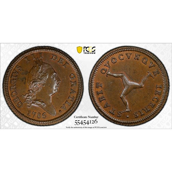 ISLE OF MAN: George III, 1760-1820, AE halfpenny, 1786, PCGS MS64 BN