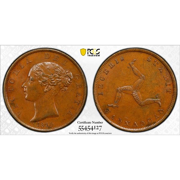 ISLE OF MAN: Victoria, 1837-1901, AE halfpenny, 1839, PCGS MS63 BN