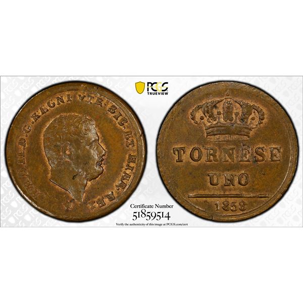ITALY: NAPLES & SICILY: Ferdinand II, 1830-1859, AE tornese, 1858, PCGS MS63 BN