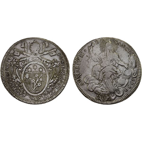 ITALY: PAPAL STATES: Pio VI, 1775-1799, AR 5 scudo, Rome, 1780, Fine