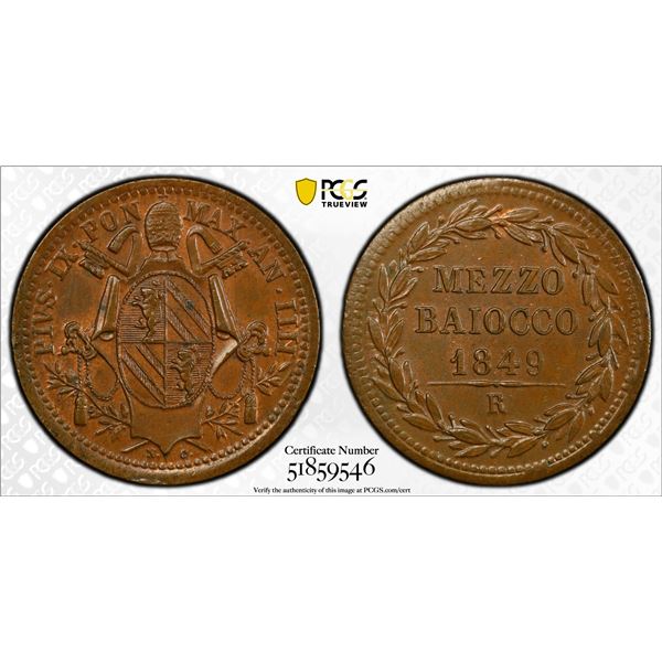 ITALY: PAPAL STATES: Pius IX, 1846-1878, AE 1/2 baiocco, Rome, 1849-R year IIII, PCGS MS63 BN