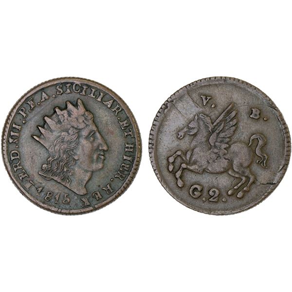 ITALY: SICILY: Ferdinando III, 3rd reign, 1814-1816, AE 2 grani, 1815, VF-XF