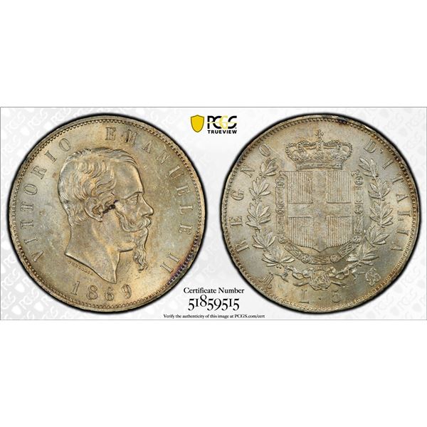 ITALY: Vittorio Emanuele III, 1861-1878, AR 5 lire, Milan, 1869-M, PCGS MS62