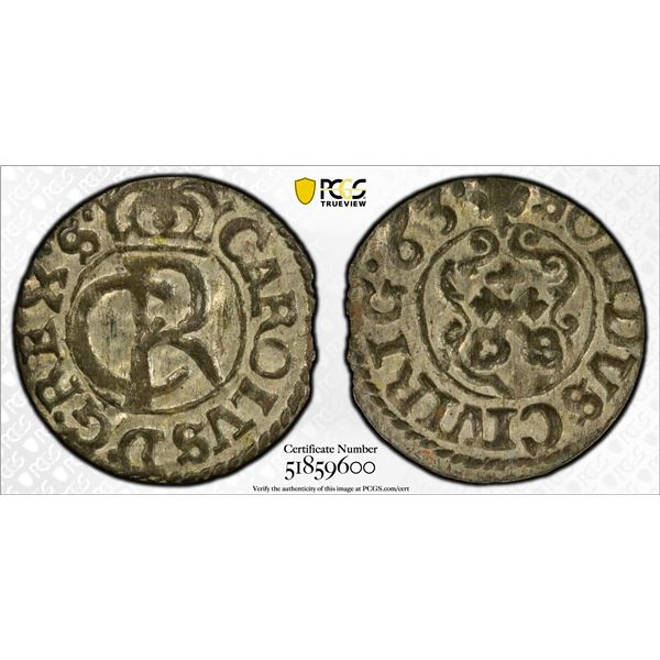 LIVONIA (SWEDISH): Karl XI, 1660-1697, BI solidus, Riga, [16]63, PCGS MS62