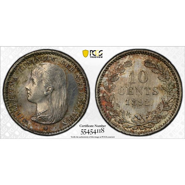 NETHERLANDS: Wilhelmina I, 1890-1948, AR 10 cents, 1892, PCGS AU details