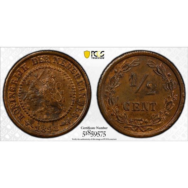NETHERLANDS: William III, 1849-1890, AE 1/2 cent, 1898, PCGS MS65 BN