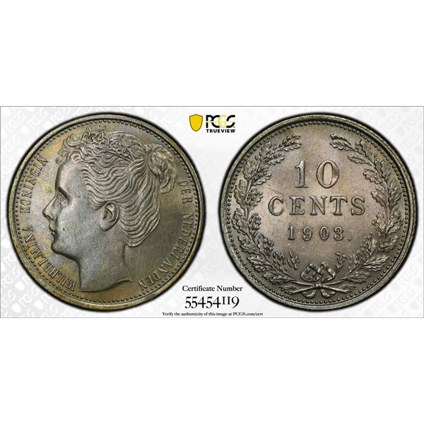 NETHERLANDS: Wilhelmina I, 1890-1948, AR 10 cents, 1903, PCGS MS62