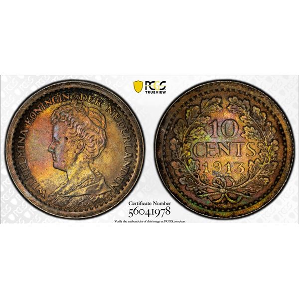 NETHERLANDS: Wilhelmina I, 1890-1948, AR 10 cents, 1913, PCGS MS65