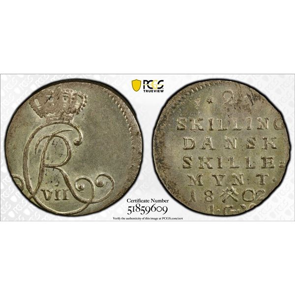 NORWAY: Christian VII, 1766-1808, BI 2 skilling, Kongsberg, 1802, PCGS MS63