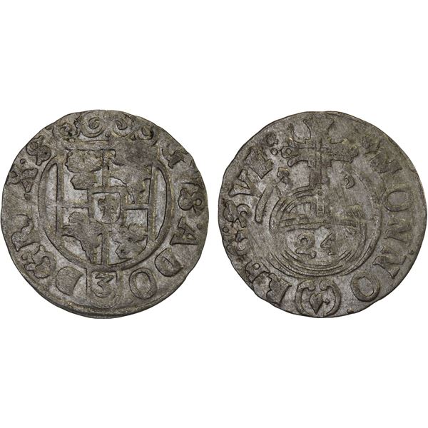 POLAND: ELBING: Gustav II Adolf, 1626-1632, AR 1/24 thaler (póltorak), 1633, VF