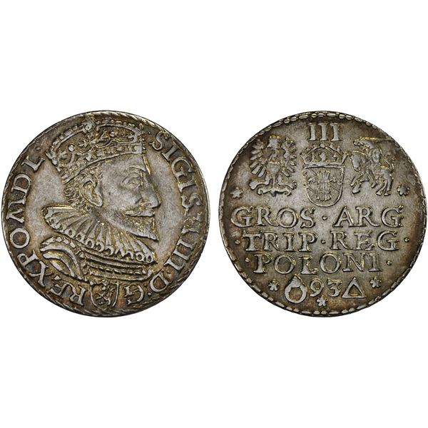 POLAND: Sigismund III, 1587-1632, AR trojak (3 grosze), Malbork, 1593, XF-AU