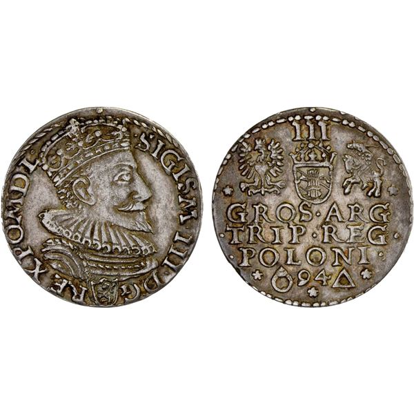 POLAND: Sigismund III, 1587-1632, AR trojak (3 grosze), Malbork, 1594, XF-AU
