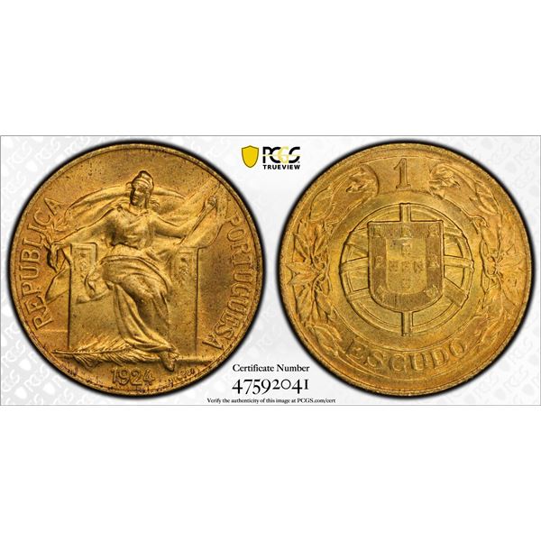 PORTUGAL: Republic, 1 escudo, 1924, PCGS MS65