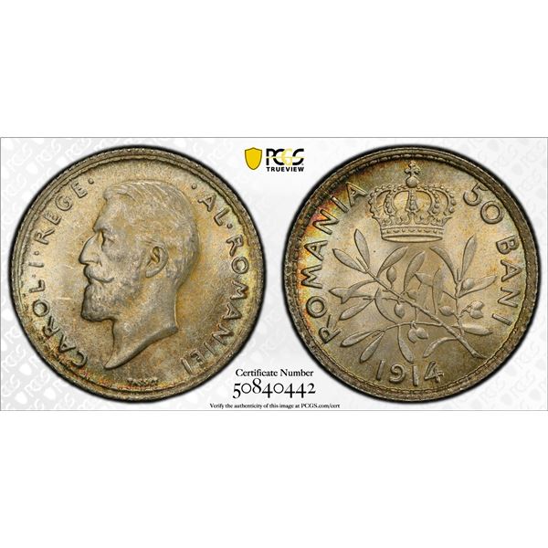 ROMANIA: Carol I, 1881-1914, AR 50 bani, Brussels, 1914, PCGS MS65
