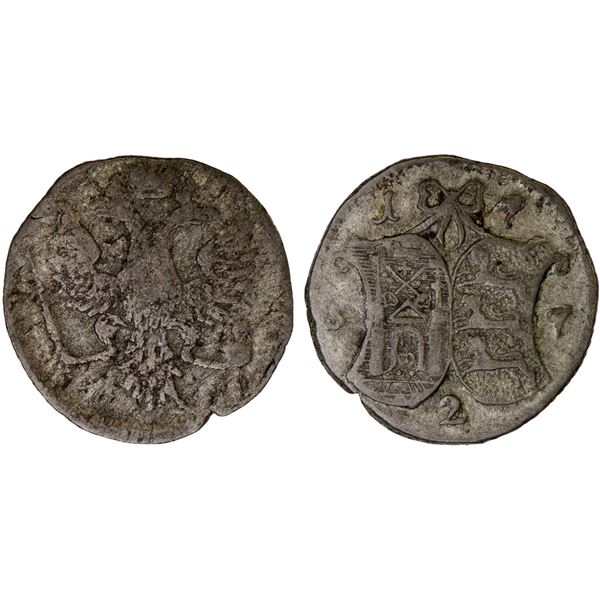 RUSSIAN LIVONIA: Elizabeth, 1741-1762, AR 2 kopecks (0.96g), 1757, VF