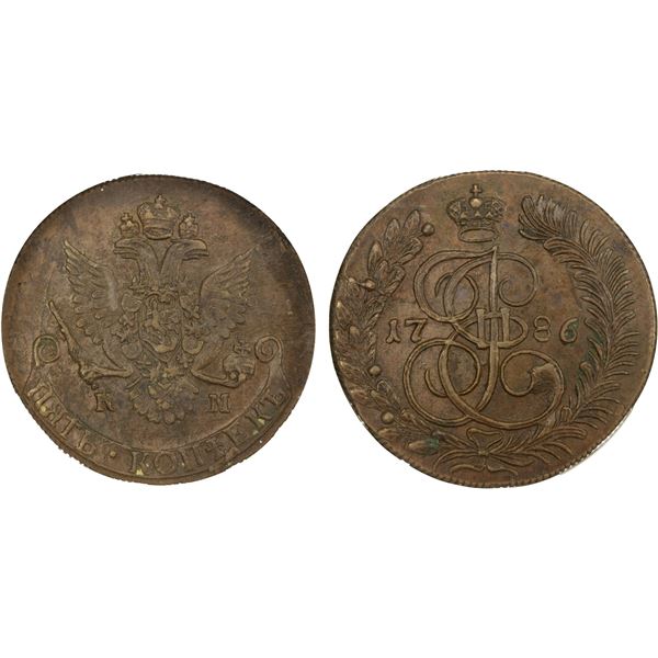 RUSSIA: Catherine II, 1762-1796, AE 5 kopecks, Suzun Mint, 1786-KM, NGC MS61 BN