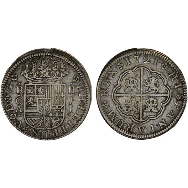 SPAIN: Felipe V, 1700-1746, AR 2 reales, Cuenca, 1721-CA, F-VF