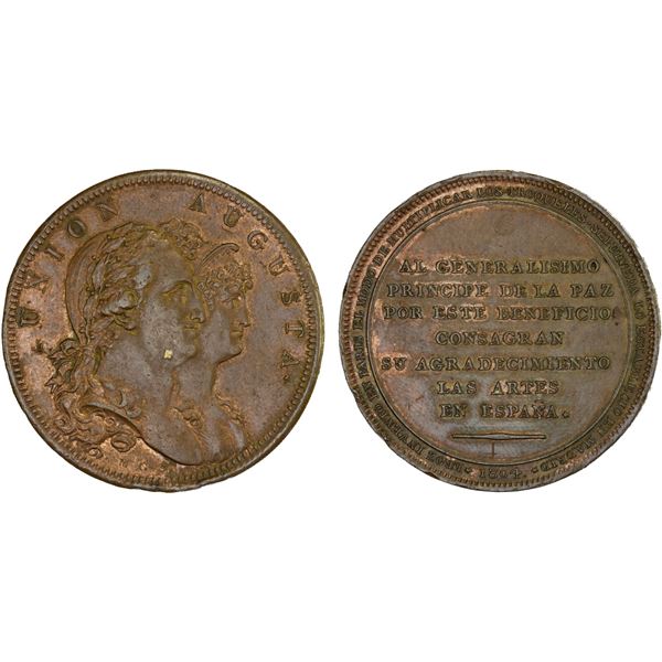SPAIN: Carlos IV, 1788-1808, AE medal (25.79g), 1804, AU