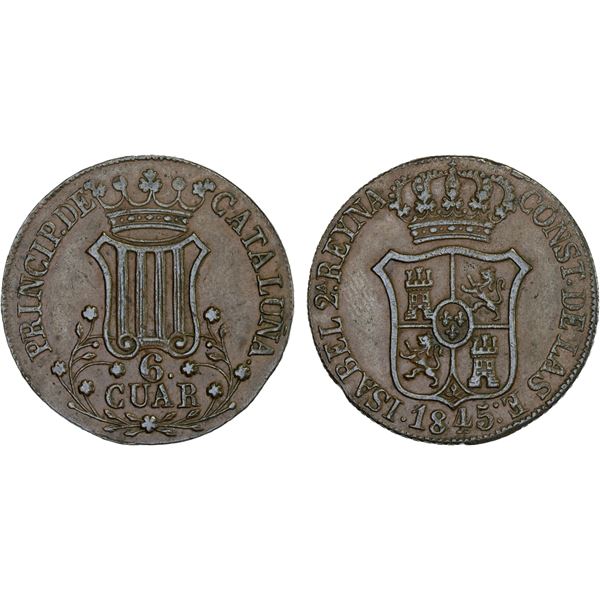 SPAIN: Catalonia: Isabel II, 1833-1868, AE 6 quartos, Barcelona, 1845, Choice XF