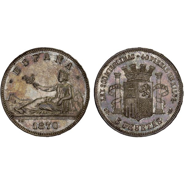 SPAIN: Provisional Government, AR 5 pesetas, 1870, AU