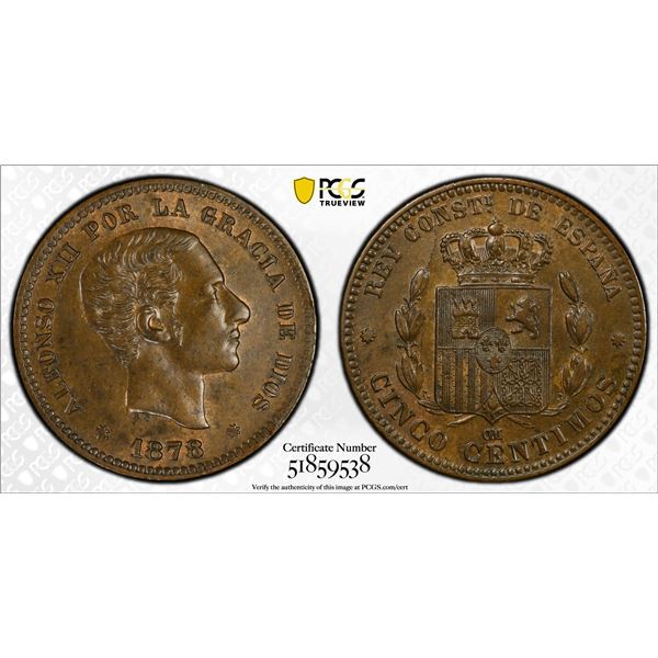 SPAIN: Alfonso XII, 1874-1885, AE 5 centimos, 1878, PCGS MS63 BN