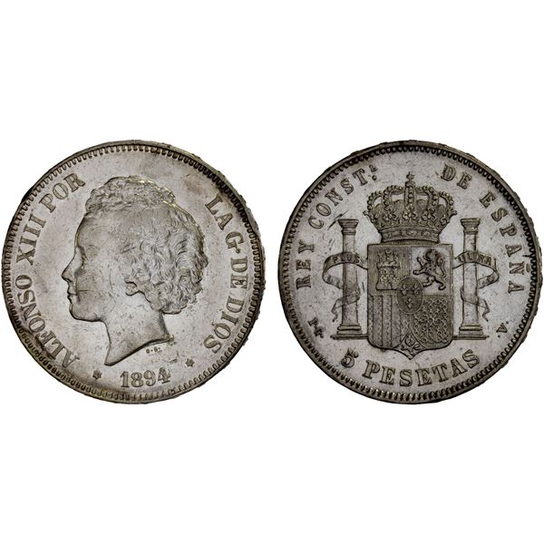 SPAIN: Alfonso XIII, 1886-1931, AR 5 pesetas, 1894 (94), XF