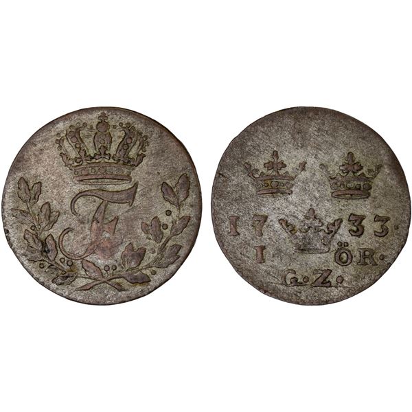 SWEDEN: Fredrik I, 1720-1751, BI öre, Stockholm, 1733, XF-AU