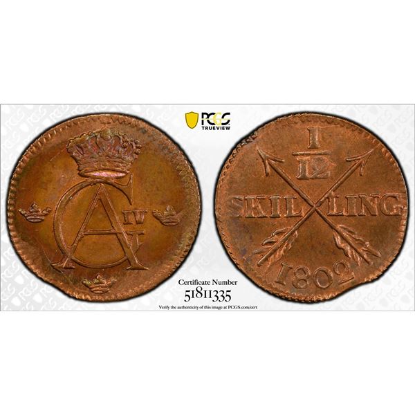 SWEDEN: Gustaf IV Adolf, 1792-1809, AE 1/12 skilling, 1802, PCGS MS64 RB