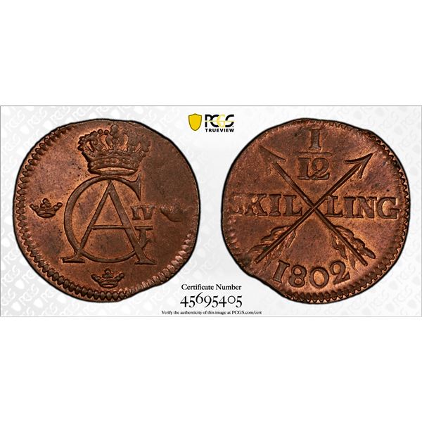 SWEDEN: Gustav IV Adolf, 1792-1809, AE 1/12 skilling, Avesta, 1802, PCGS MS64 RB