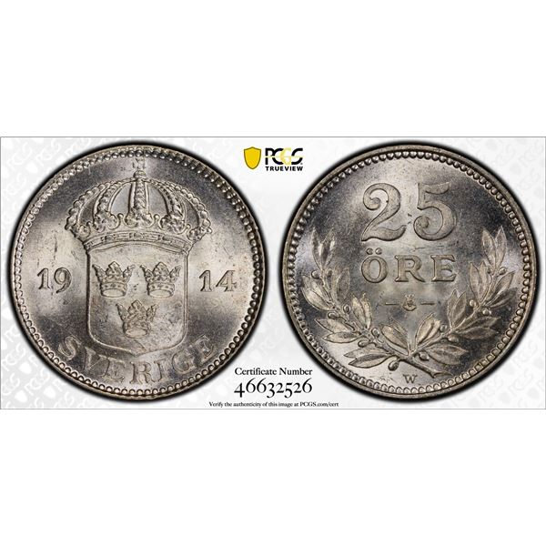 SWEDEN: Gustaf V, 1907-1950, AR 25 ore, 1914, PCGS MS65