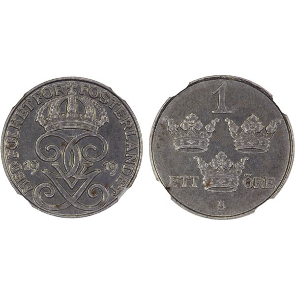 SWEDEN: Gustaf V, 1907-1950, 1 ore, 1919, NGC MS64