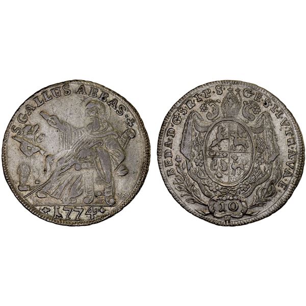 SWITZERLAND: ST. GALLEN: Canton, AR 10 kreuzer, 1774, VF-XF