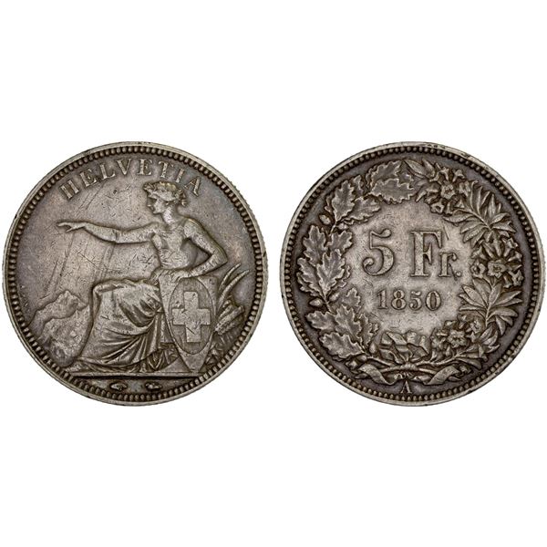SWITZERLAND: Confederation, AR 5 francs, 1850-A, VF-XF